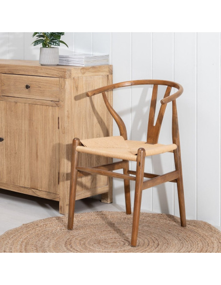 Fauteuil de table style vintage scandinave Bois d'orme Marron Rotin Beige Tressé Gavina - 13