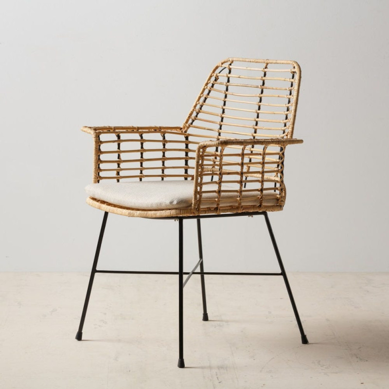 Fauteuil de table bohème Fibre Naturel Tressé Métal Noir Tissu Beige Galira - 11