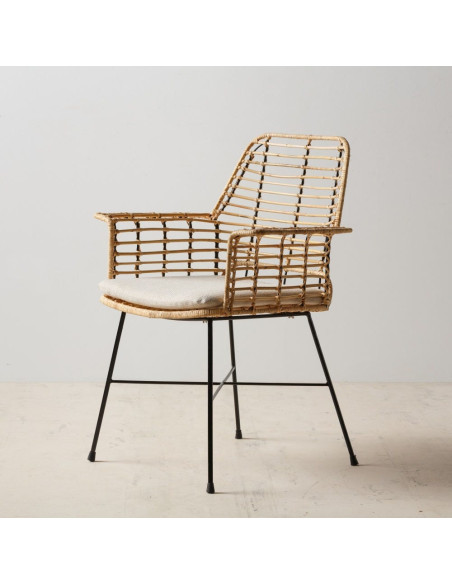Fauteuil de table bohème Fibre Naturel Tressé Métal Noir Tissu Beige Galira - 11