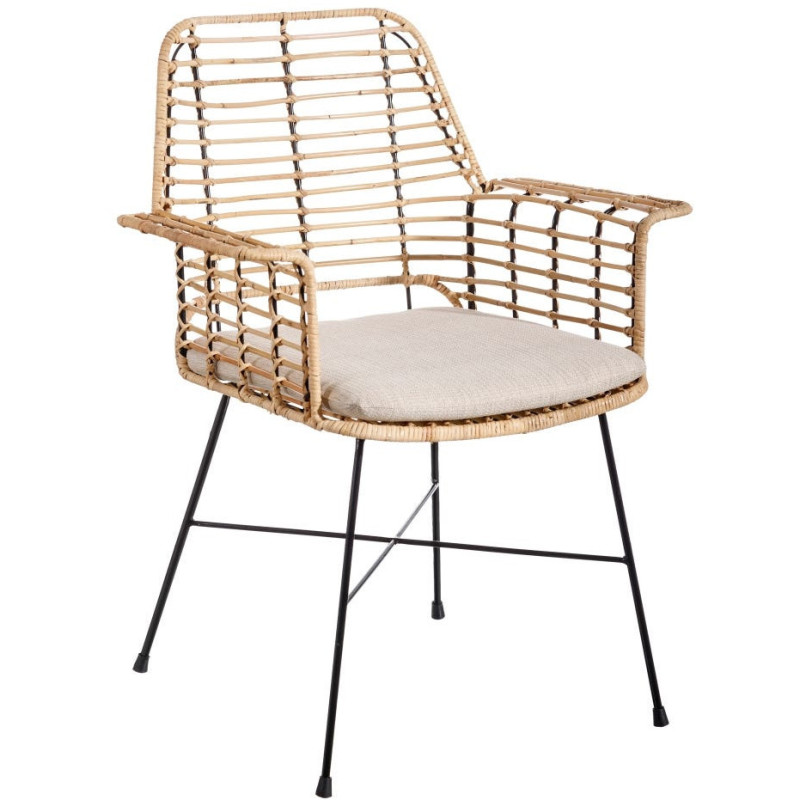 Fauteuil de table bohème Fibre Naturel Tressé Métal Noir Tissu Beige Galira - 1