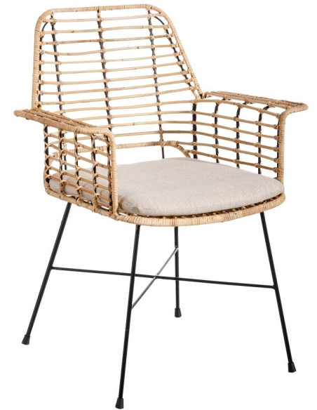 Fauteuil de table bohème Fibre Naturel Tressé Métal Noir Tissu Beige Galira - 1