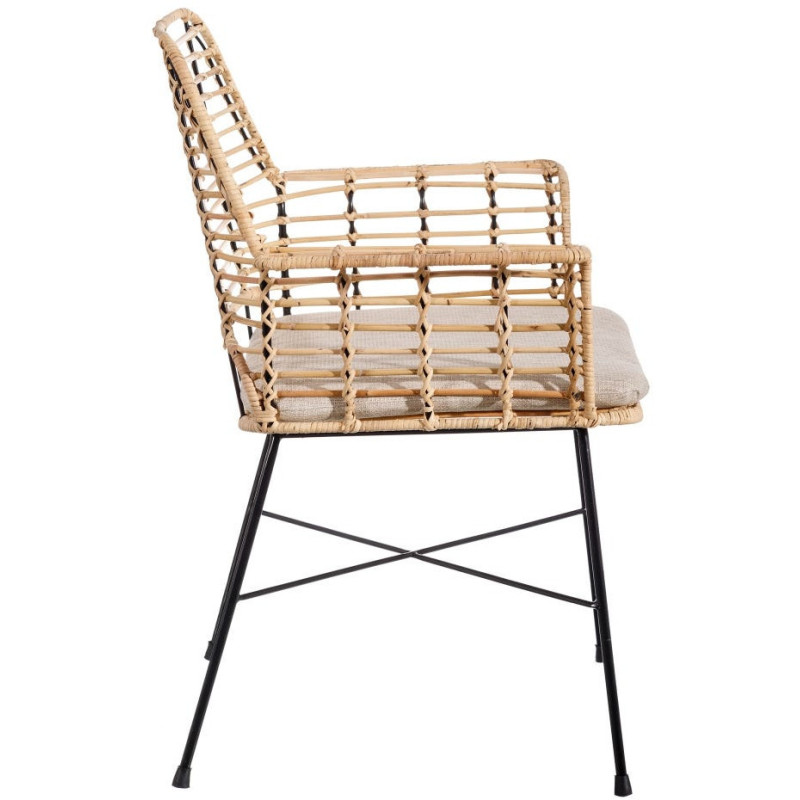 Fauteuil de table bohème Fibre Naturel Tressé Métal Noir Tissu Beige Galira - 3