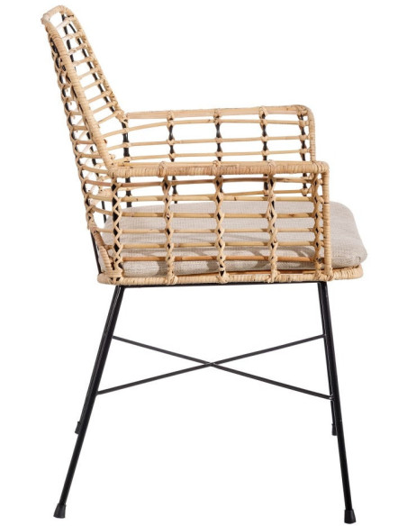 Fauteuil de table bohème Fibre Naturel Tressé Métal Noir Tissu Beige Galira - 3