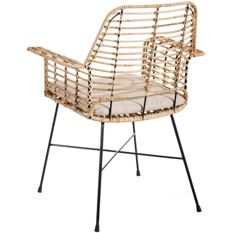 Fauteuil de table bohème Fibre Naturel Tressé Métal Noir Tissu Beige Galira - 4