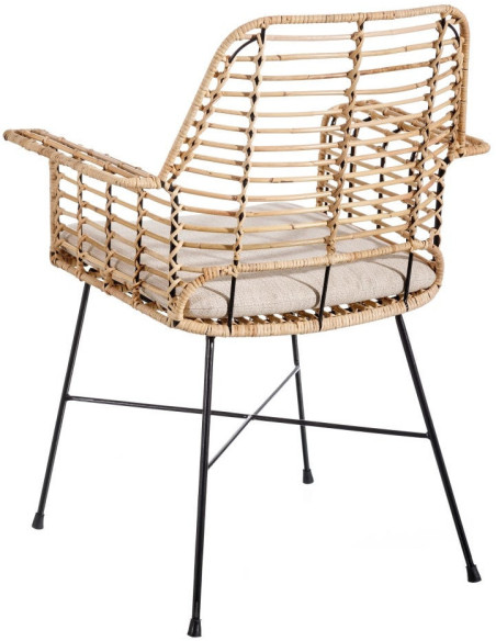 Fauteuil de table bohème Fibre Naturel Tressé Métal Noir Tissu Beige Galira - 4