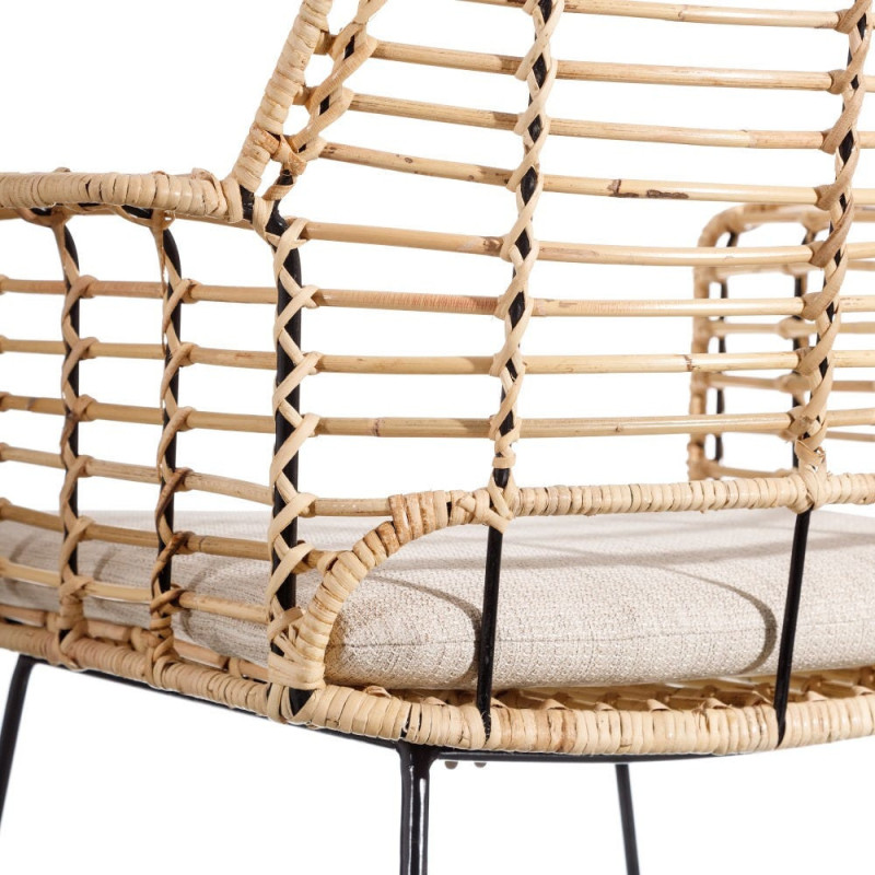 Fauteuil de table bohème Fibre Naturel Tressé Métal Noir Tissu Beige Galira - 9