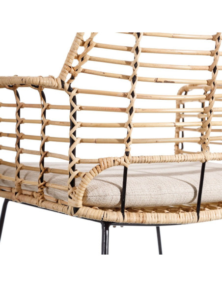 Fauteuil de table bohème Fibre Naturel Tressé Métal Noir Tissu Beige Galira - 9