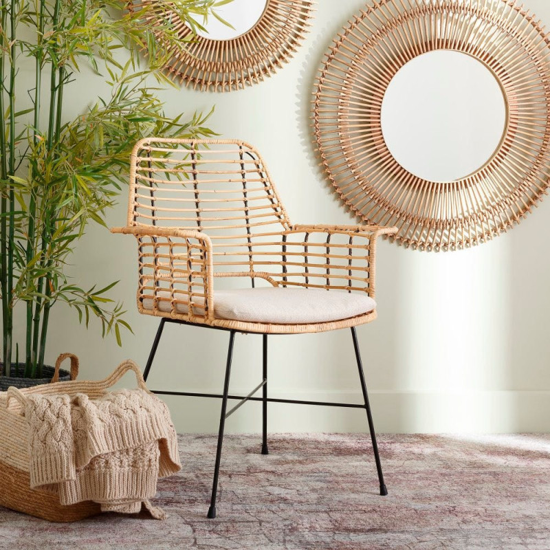 Fauteuil de table bohème Fibre Naturel Tressé Métal Noir Tissu Beige Galira - 10