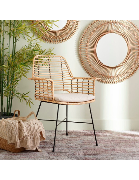 Fauteuil de table bohème Fibre Naturel Tressé Métal Noir Tissu Beige Galira - 10