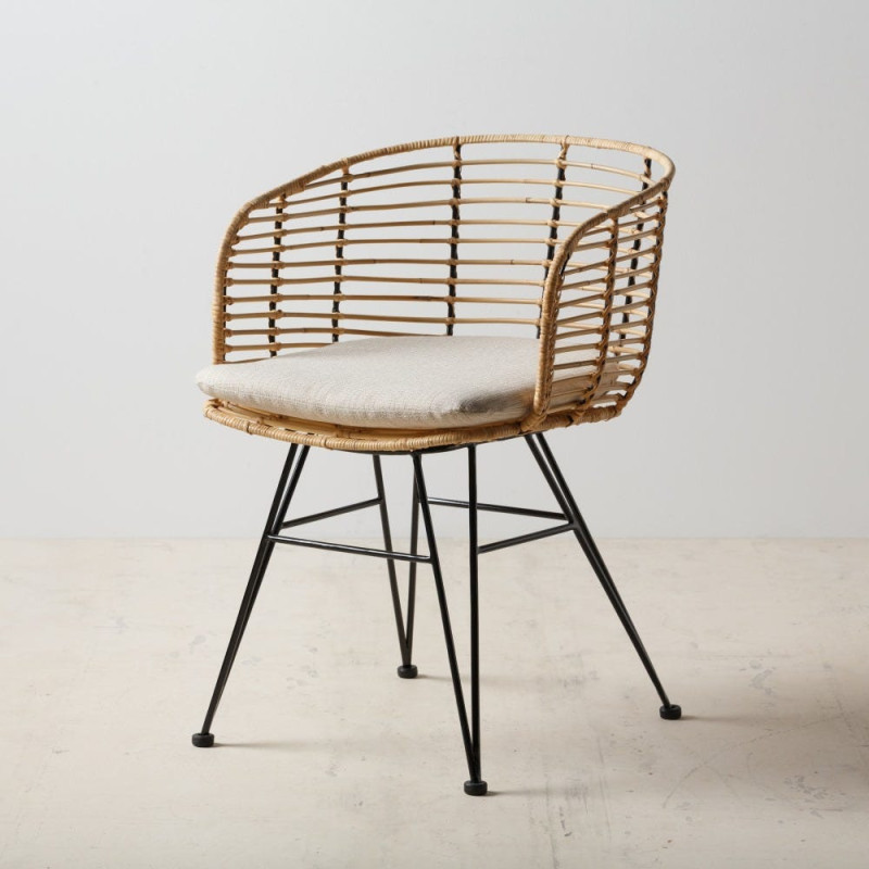 Fauteuil de table bohème Fibre Naturel Tressé Métal Noir Tissu Beige Finira - 10