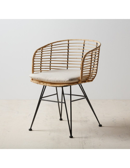 Fauteuil de table bohème Fibre Naturel Tressé Métal Noir Tissu Beige Finira - 10