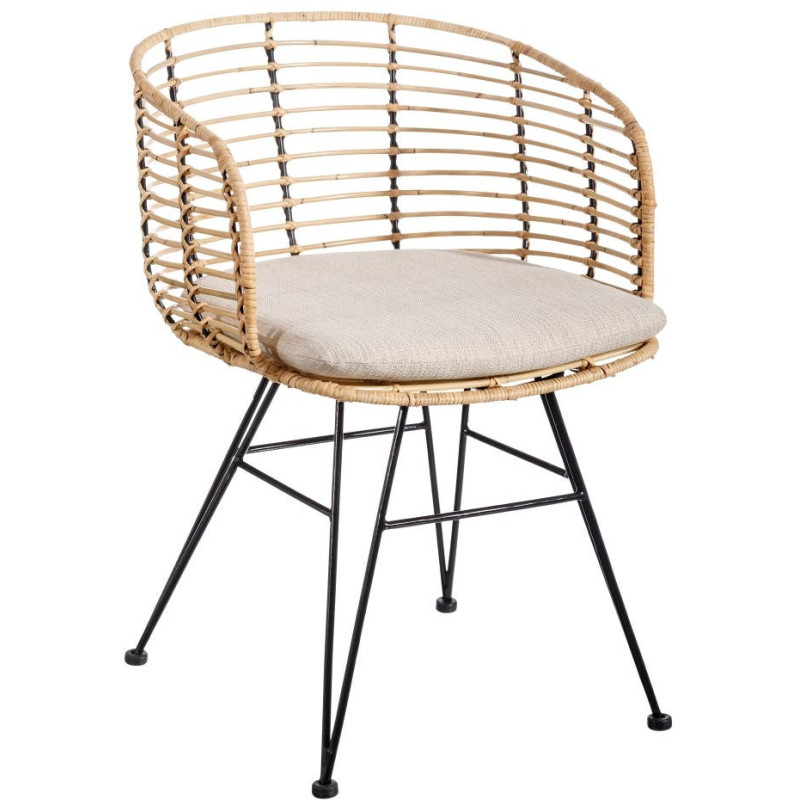 Fauteuil de table bohème Fibre Naturel Tressé Métal Noir Tissu Beige Finira - 1