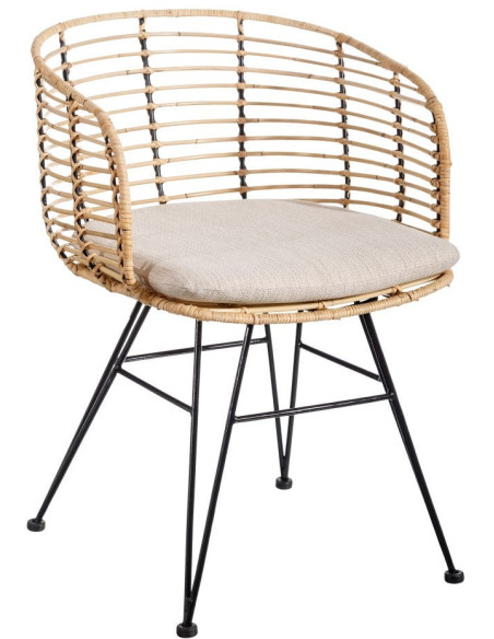 Fauteuil de table bohème Fibre Naturel Tressé Métal Noir Tissu Beige Finira - 1