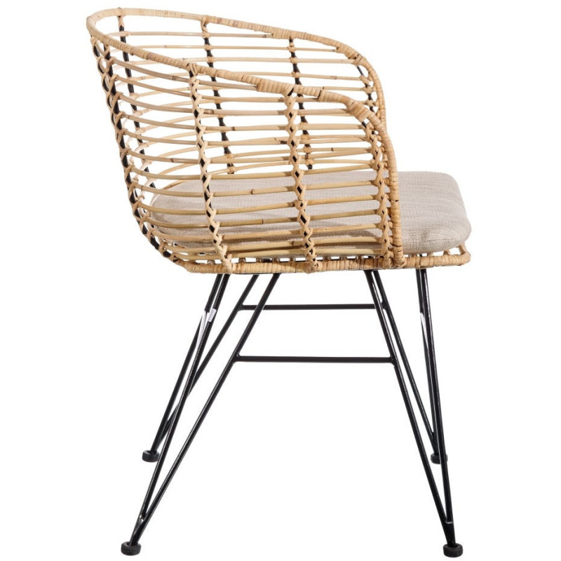 Fauteuil de table bohème Fibre Naturel Tressé Métal Noir Tissu Beige Finira - 3