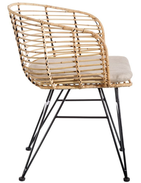 Fauteuil de table bohème Fibre Naturel Tressé Métal Noir Tissu Beige Finira - 3