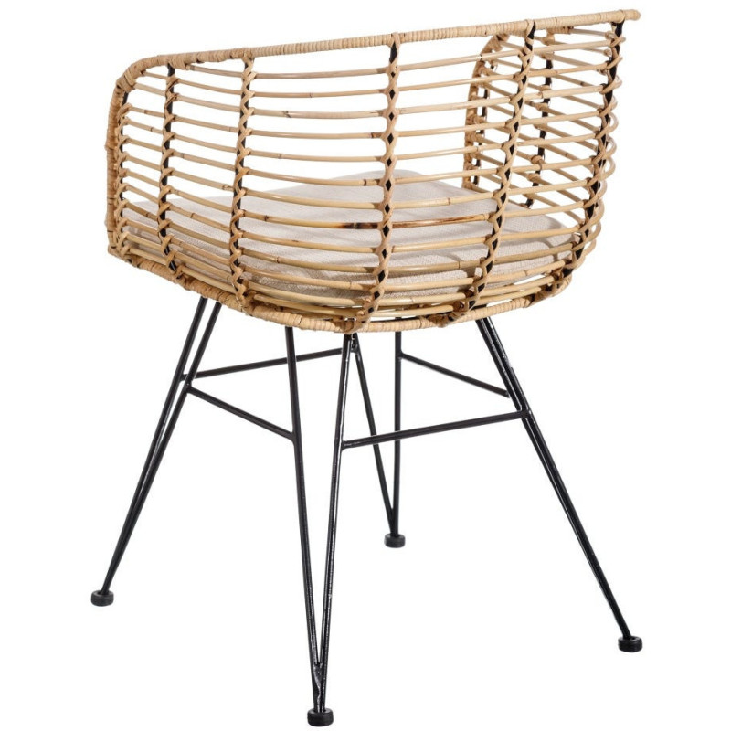 Fauteuil de table bohème Fibre Naturel Tressé Métal Noir Tissu Beige Finira - 4