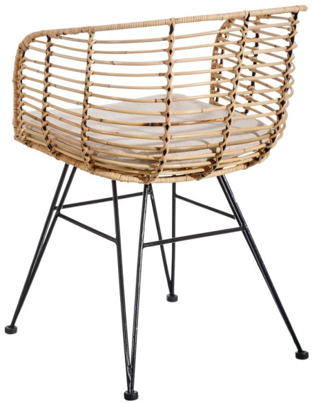Fauteuil de table bohème Fibre Naturel Tressé Métal Noir Tissu Beige Finira - 4