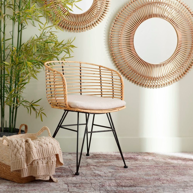 Fauteuil de table bohème Fibre Naturel Tressé Métal Noir Tissu Beige Finira - 2