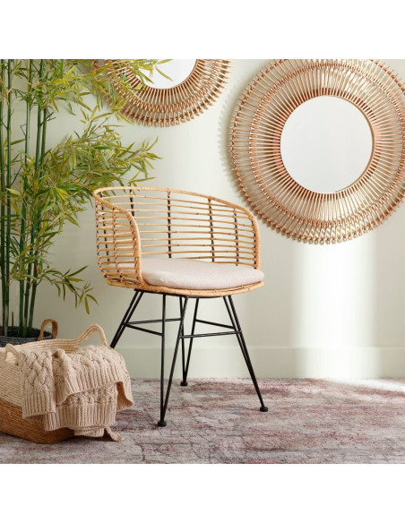 Fauteuil de table bohème Fibre Naturel Tressé Métal Noir Tissu Beige Finira - 2