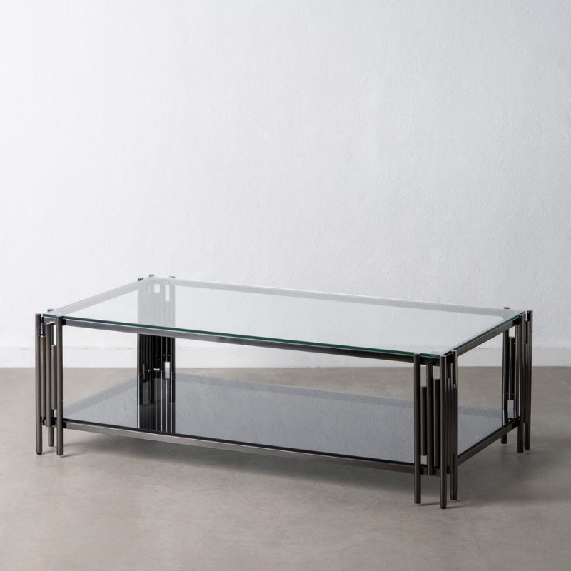 Grande Table basse industrielle moderne Rectangulaire 1 étagère 134 cm en Verre trempé Transparent Acier inoxydable Argenté Lomi