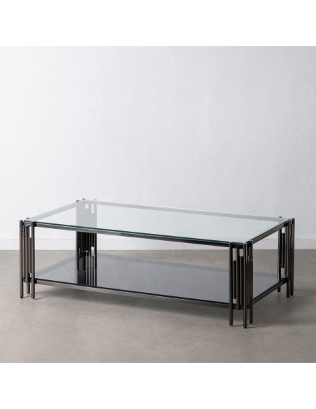 Grande Table basse industrielle moderne Rectangulaire 1 étagère 134 cm en Verre trempé Transparent Acier inoxydable Argenté Lomi