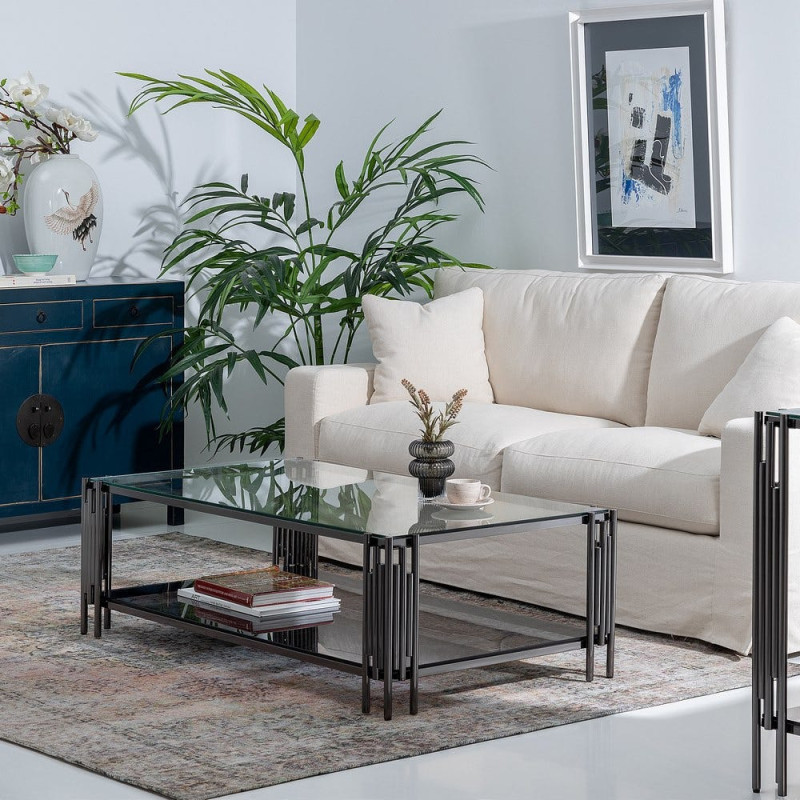 Grande Table basse industrielle moderne Rectangulaire 1 étagère 134 cm en Verre trempé Transparent Acier inoxydable Argenté Lomi