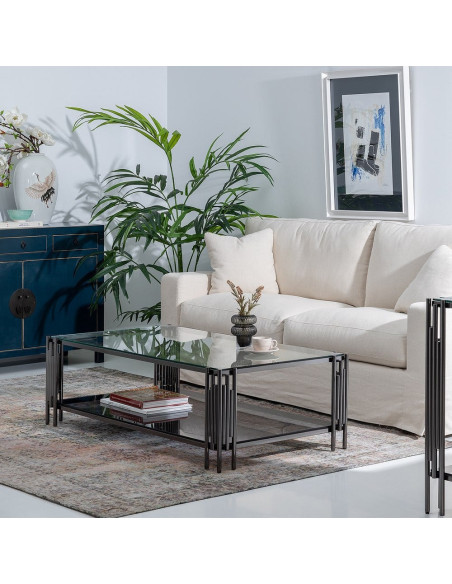 Grande Table basse industrielle moderne Rectangulaire 1 étagère 134 cm en Verre trempé Transparent Acier inoxydable Argenté Lomi