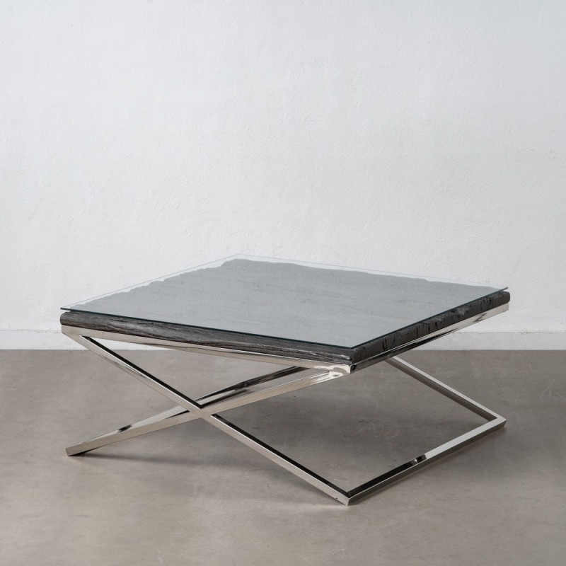Grande Table basse originale moderne Carrée 100 cm en Bois Noir Verre Transparent Acier inoxydable Argenté Noela - 1