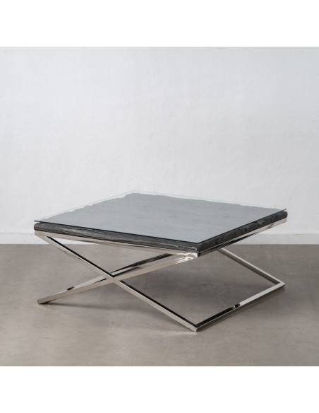 Grande Table basse originale moderne Carrée 100 cm en Bois Noir Verre Transparent Acier inoxydable Argenté Noela - 1