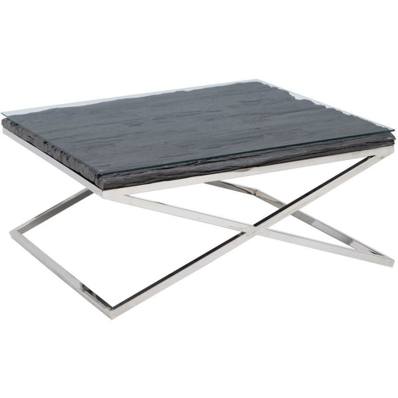 Grande Table basse originale moderne Carrée 100 cm en Bois Noir Verre Transparent Acier inoxydable Argenté Noela - 2