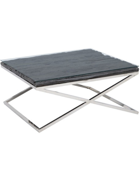 Grande Table basse originale moderne Carrée 100 cm en Bois Noir Verre Transparent Acier inoxydable Argenté Noela - 2