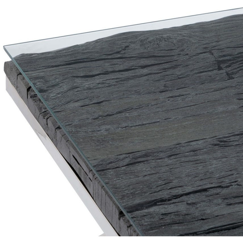 Grande Table basse originale moderne Carrée 100 cm en Bois Noir Verre Transparent Acier inoxydable Argenté Noela - 3