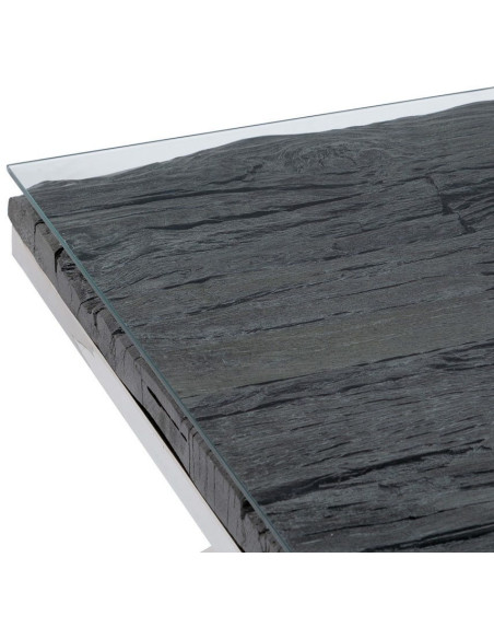 Grande Table basse originale moderne Carrée 100 cm en Bois Noir Verre Transparent Acier inoxydable Argenté Noela - 3
