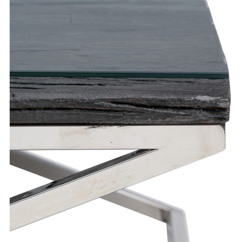 Grande Table basse originale moderne Carrée 100 cm en Bois Noir Verre Transparent Acier inoxydable Argenté Noela - 4