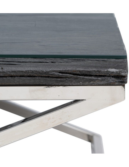 Grande Table basse originale moderne Carrée 100 cm en Bois Noir Verre Transparent Acier inoxydable Argenté Noela - 4