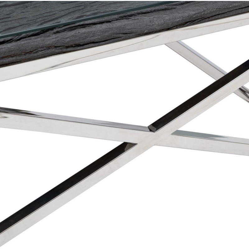 Grande Table basse originale moderne Carrée 100 cm en Bois Noir Verre Transparent Acier inoxydable Argenté Noela - 7