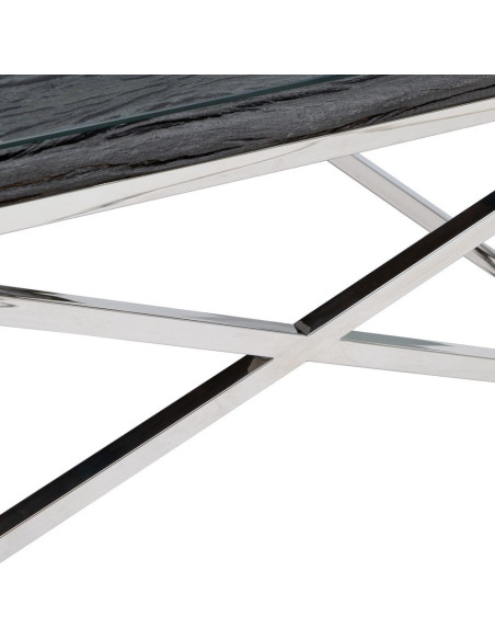 Grande Table basse originale moderne Carrée 100 cm en Bois Noir Verre Transparent Acier inoxydable Argenté Noela - 7