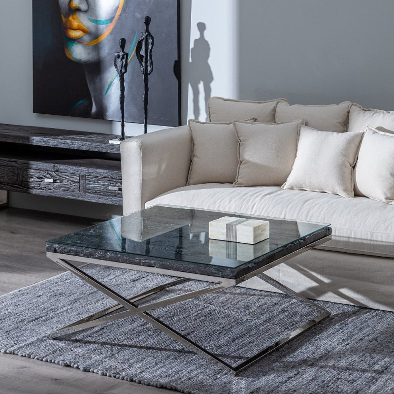 Grande Table basse originale moderne Carrée 100 cm en Bois Noir Verre Transparent Acier inoxydable Argenté Noela - 9