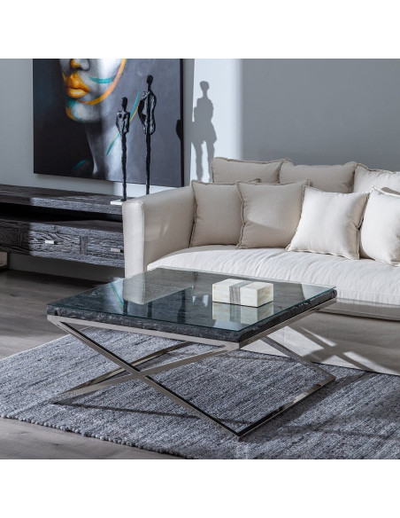 Grande Table basse originale moderne Carrée 100 cm en Bois Noir Verre Transparent Acier inoxydable Argenté Noela - 9