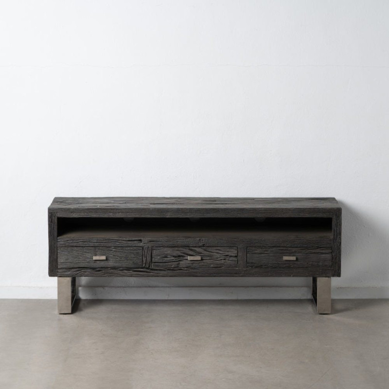 Meuble tv original moderne 3 tiroirs 1 niche en Bois Noir Acier inoxydable Argenté Noela - 1