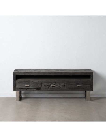 Meuble tv original moderne 3 tiroirs 1 niche en Bois Noir Acier inoxydable Argenté Noela - 1
