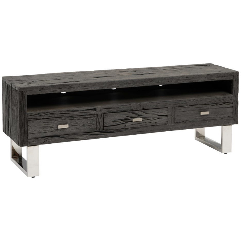 Meuble tv original moderne 3 tiroirs 1 niche en Bois Noir Acier inoxydable Argenté Noela - 2