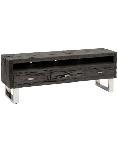 Meuble tv original moderne 3 tiroirs 1 niche en Bois Noir Acier inoxydable Argenté Noela - 2