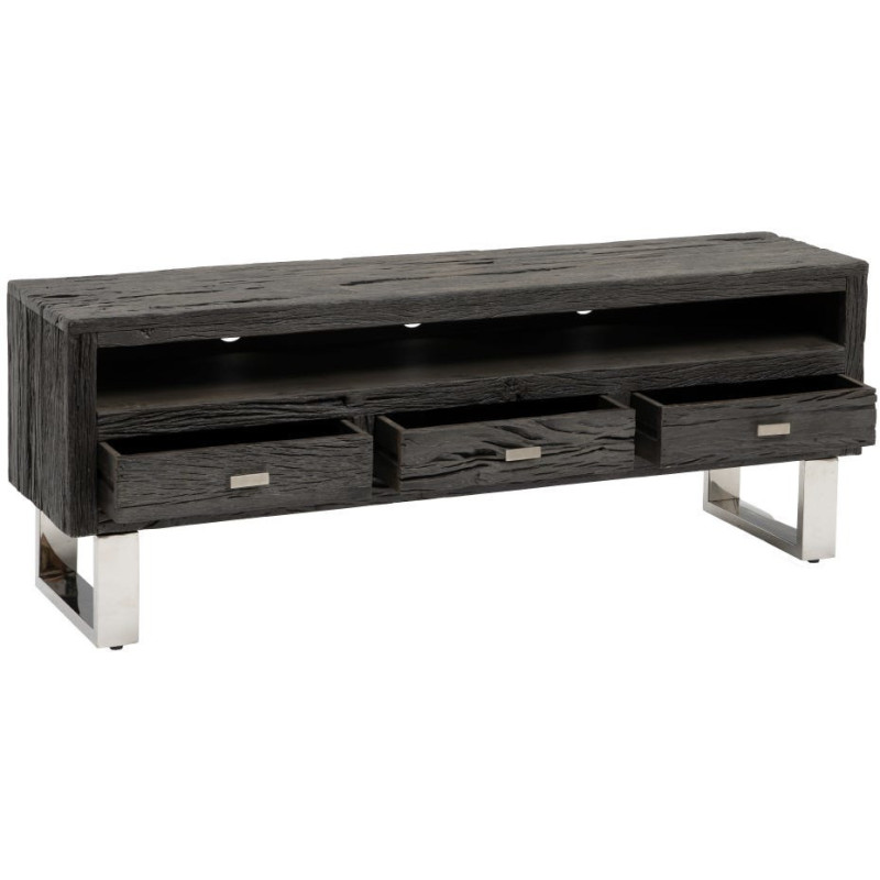 Meuble tv original moderne 3 tiroirs 1 niche en Bois Noir Acier inoxydable Argenté Noela - 3