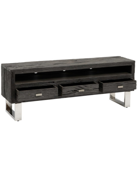Meuble tv original moderne 3 tiroirs 1 niche en Bois Noir Acier inoxydable Argenté Noela - 3
