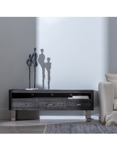 Meuble tv original moderne 3 tiroirs 1 niche en Bois Noir Acier inoxydable Argenté Noela - 11