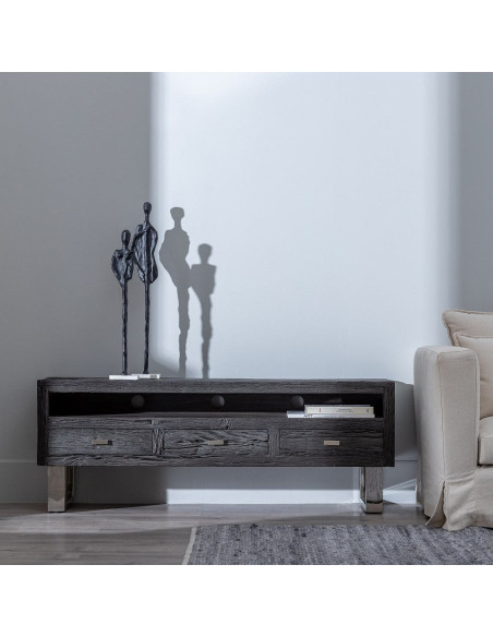 Meuble tv original moderne 3 tiroirs 1 niche en Bois Noir Acier inoxydable Argenté Noela - 11