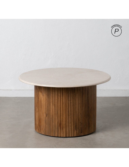 Table basse moderne chic Ronde 76 cm en Marbre Blanc crème Bois de manguier Naturel Relina - 9