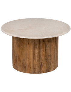 Table basse moderne chic Ronde 76 cm en Marbre Blanc crème Bois de manguier Naturel Relina - 1