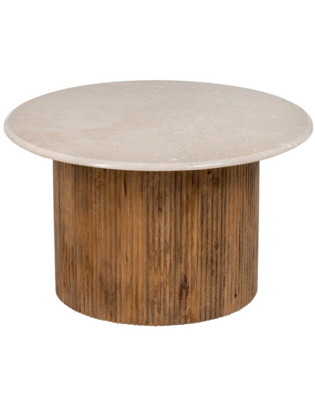 Table basse moderne chic Ronde 76 cm en Marbre Blanc crème Bois de manguier Naturel Relina - 1